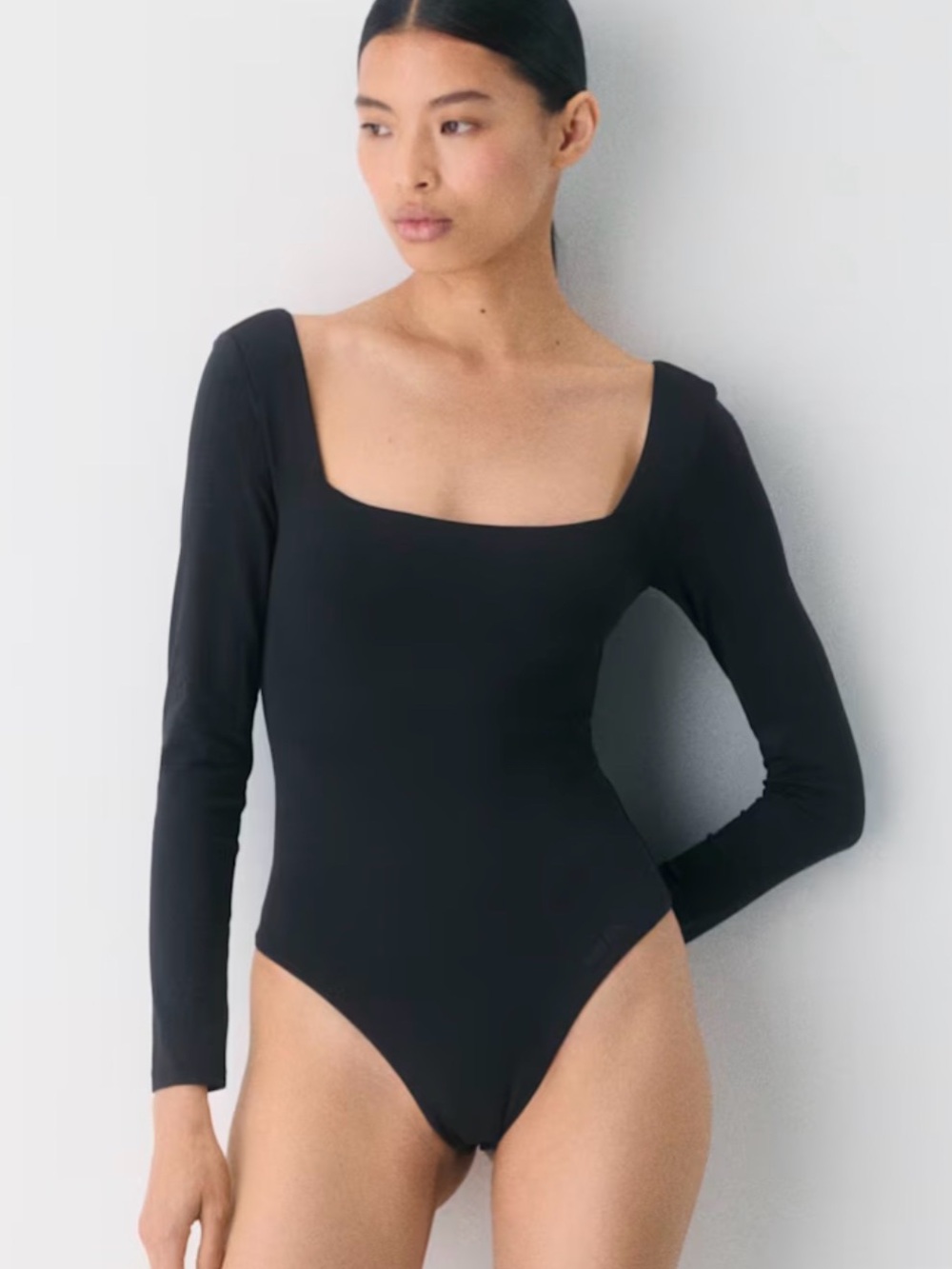 Aritzia Black Long-Sleeve Square-Neck Bodysuit